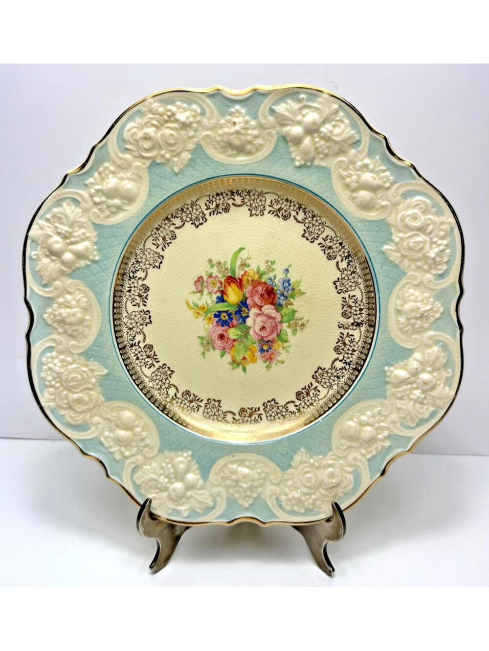 Vtg Crown Ducal Ware Plate Scalloped Embossed Blue Gold Floral England Easter